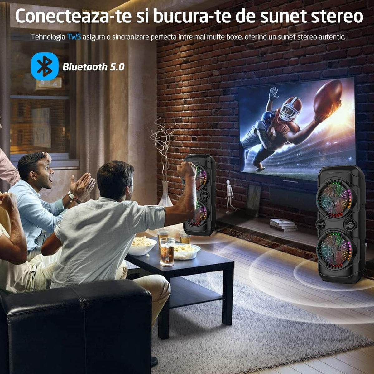 Boxa portabila tip Troler, Bluetooth 5.0, 350W, 2400mAh, Jocuri Lumini RGB, Conexiune USB, Auxiliar, Card SD, Radio FM, Microfon, Telecomanda, Doua Difuzoare 8 Inch