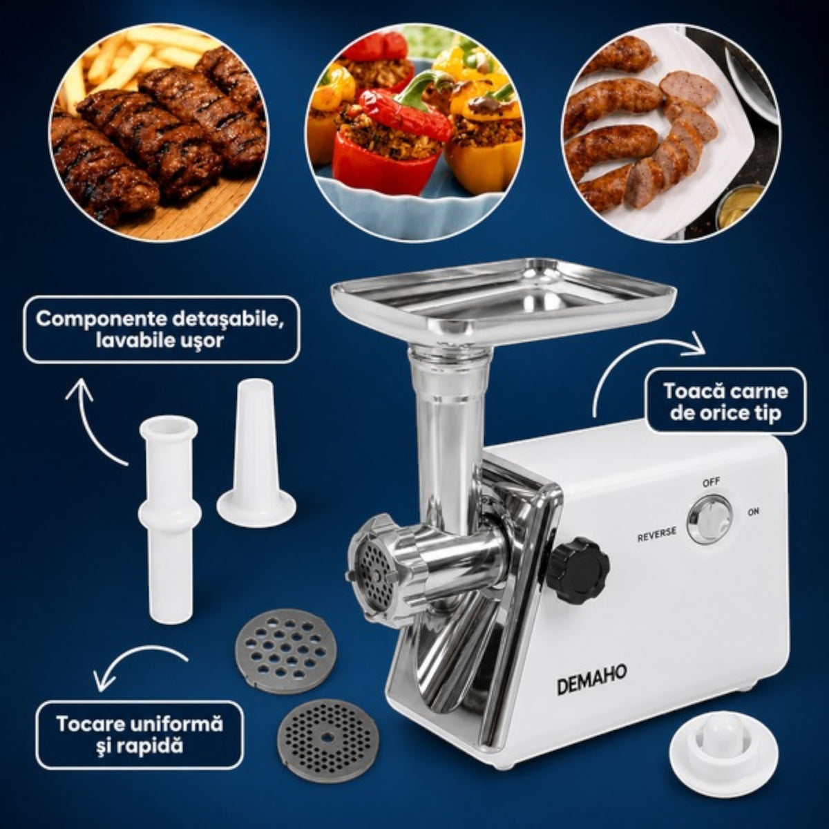 Masina de tocat carne electrica 3000 W – 120 kg/ora, 2 site inox, functie Reverse, componente detasabile