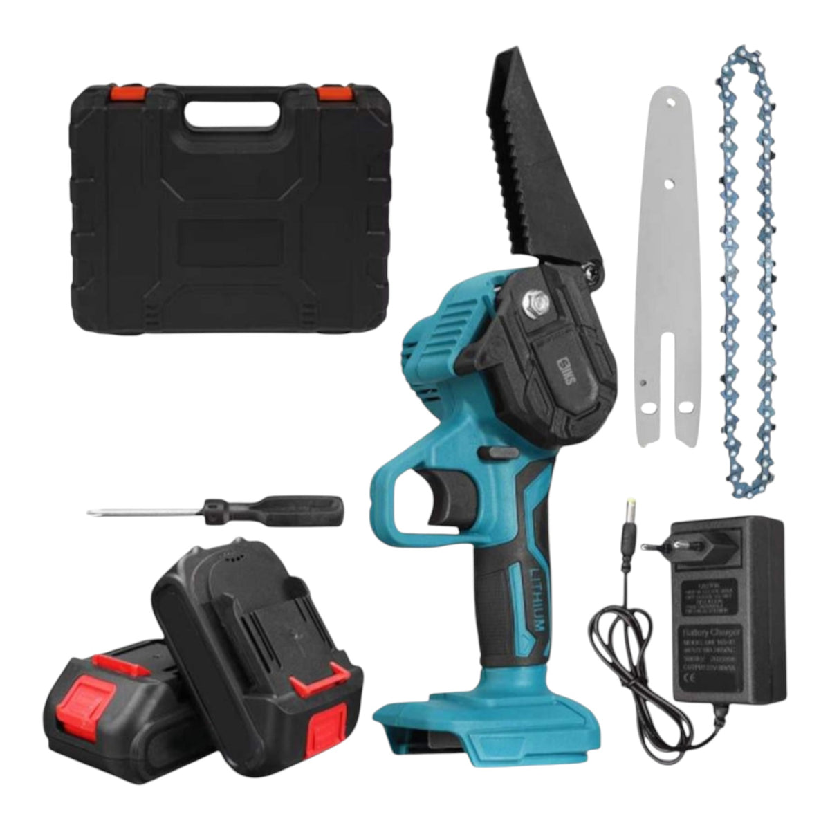 Fierastrau electric cu 2 acumulatori 48V 8.0Ah, 2 lanturi, lama 6 inch
