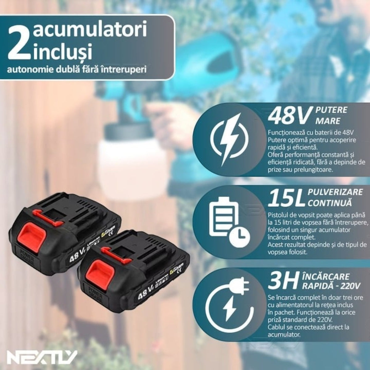Aparat de vopsit si zugravit electric portabil, 2 acumulatori 48V 8.0Ah, rezervor 800ml