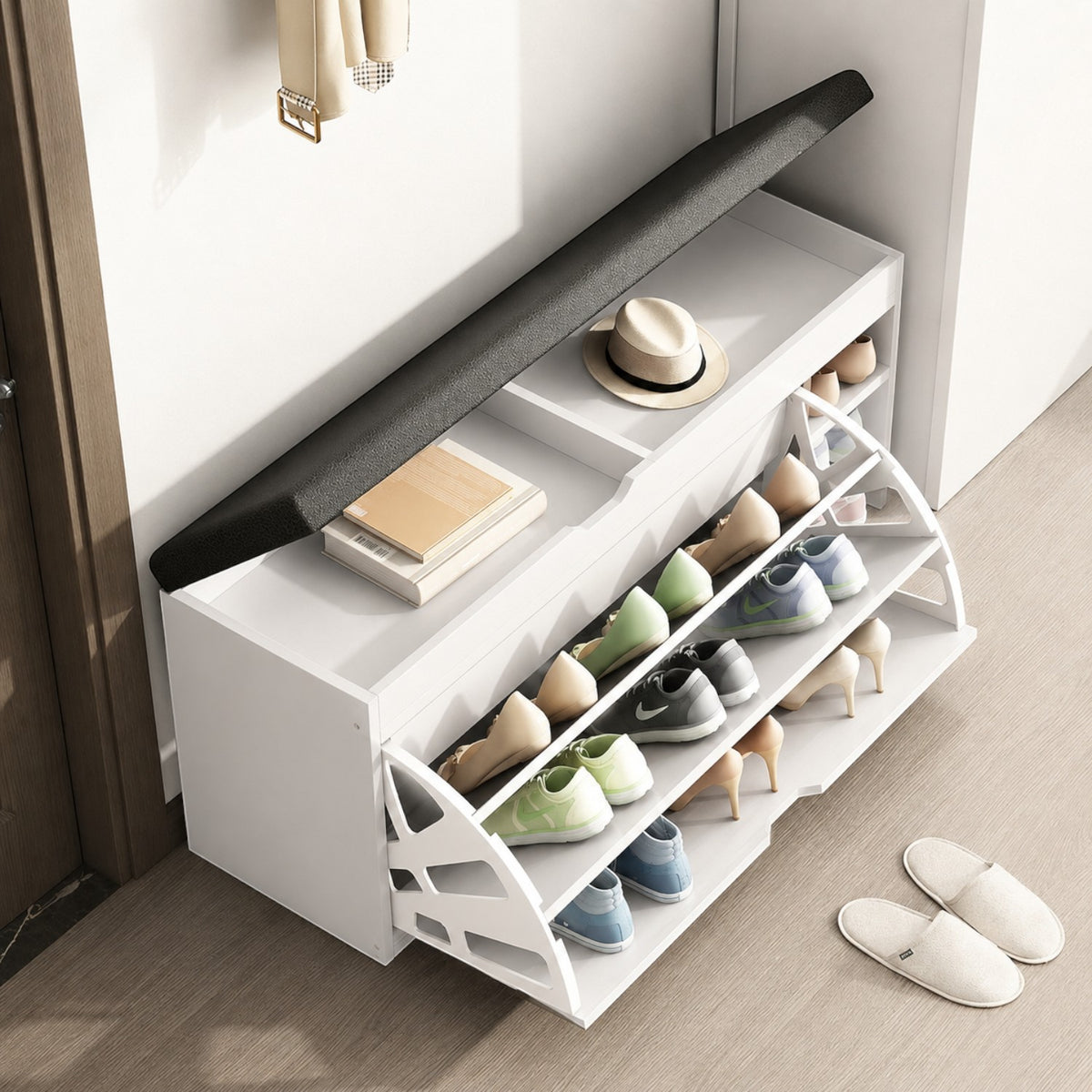 Dulap pentru pantofi tip bancheta, 6 rafturi, 100x34x50 cm, PAL melaminat