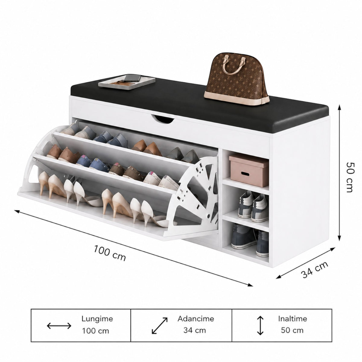 Dulap pentru pantofi tip bancheta, 6 rafturi, 100x34x50 cm, PAL melaminat