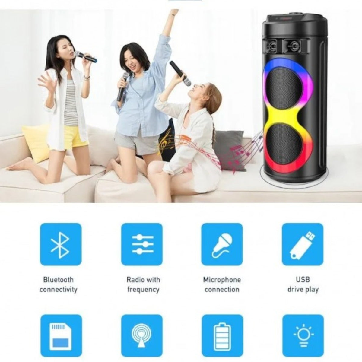 Boxa portabila 300W, 2 difuzoare 6.5 inch, 55 x 28 x 26 cm, AUX, Bluetooth, Joc Lumini, Stick USB, Microfon, Casti