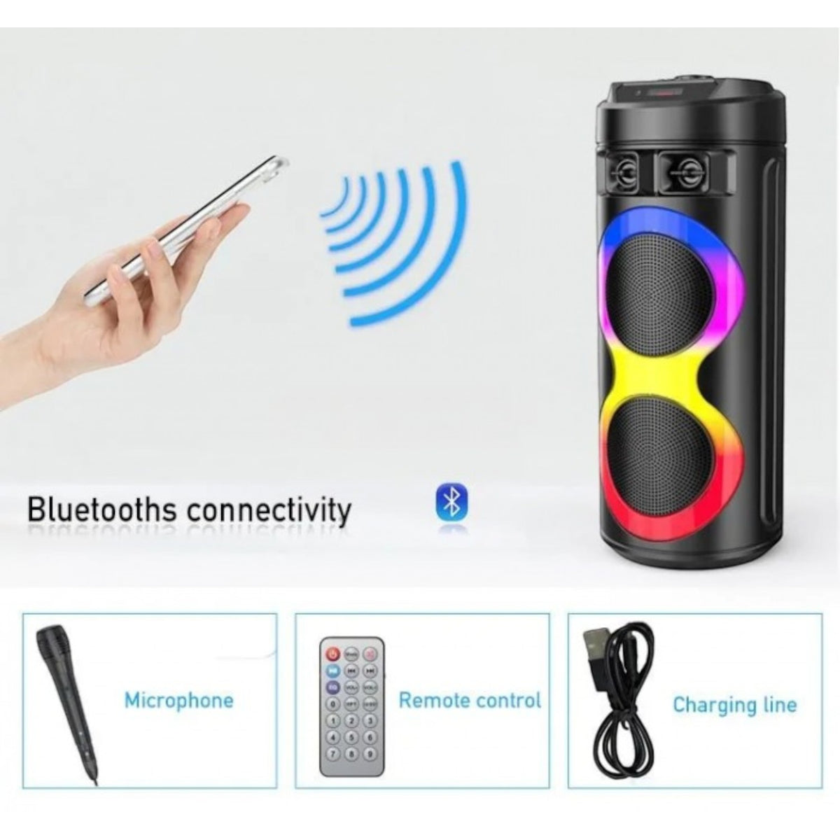 Boxa portabila 300W, 2 difuzoare 6.5 inch, 55 x 28 x 26 cm, AUX, Bluetooth, Joc Lumini, Stick USB, Microfon, Casti