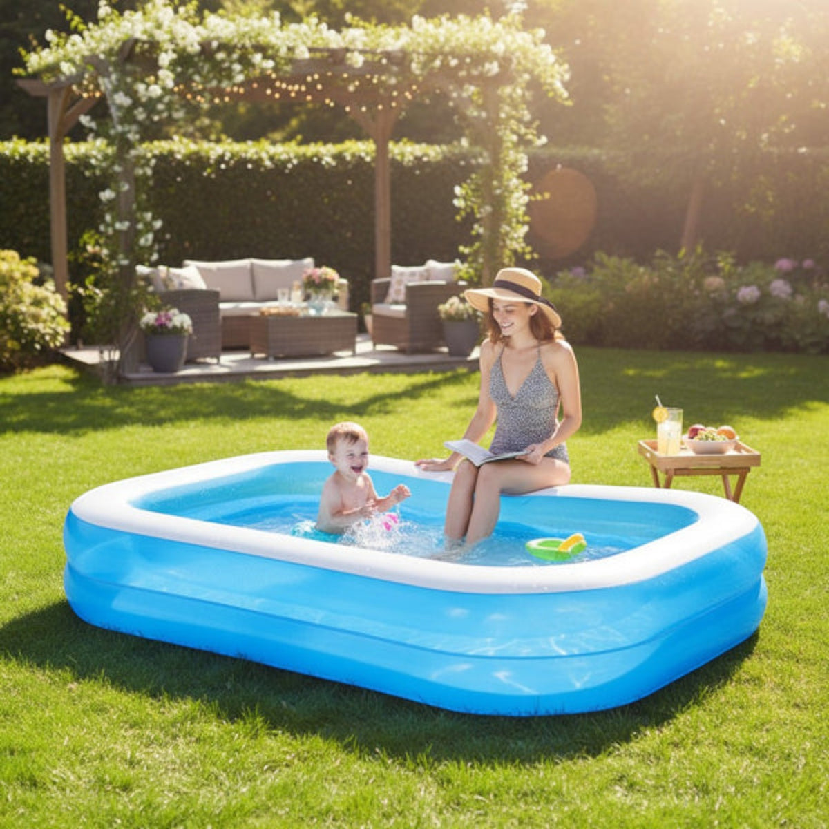 Piscina gonflabila familiala din PVC rezistent, 200x140x40 cm, 2 inele, pentru curte si gradina