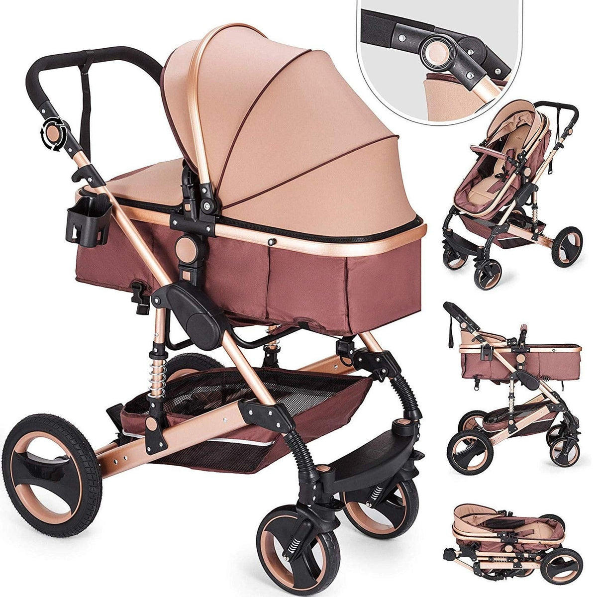 Carucior 2 in 1 pliabil, landou-sport, cu suspensii, 0-36 luni, 25 kg, roti cauciuc, cos depozitare
