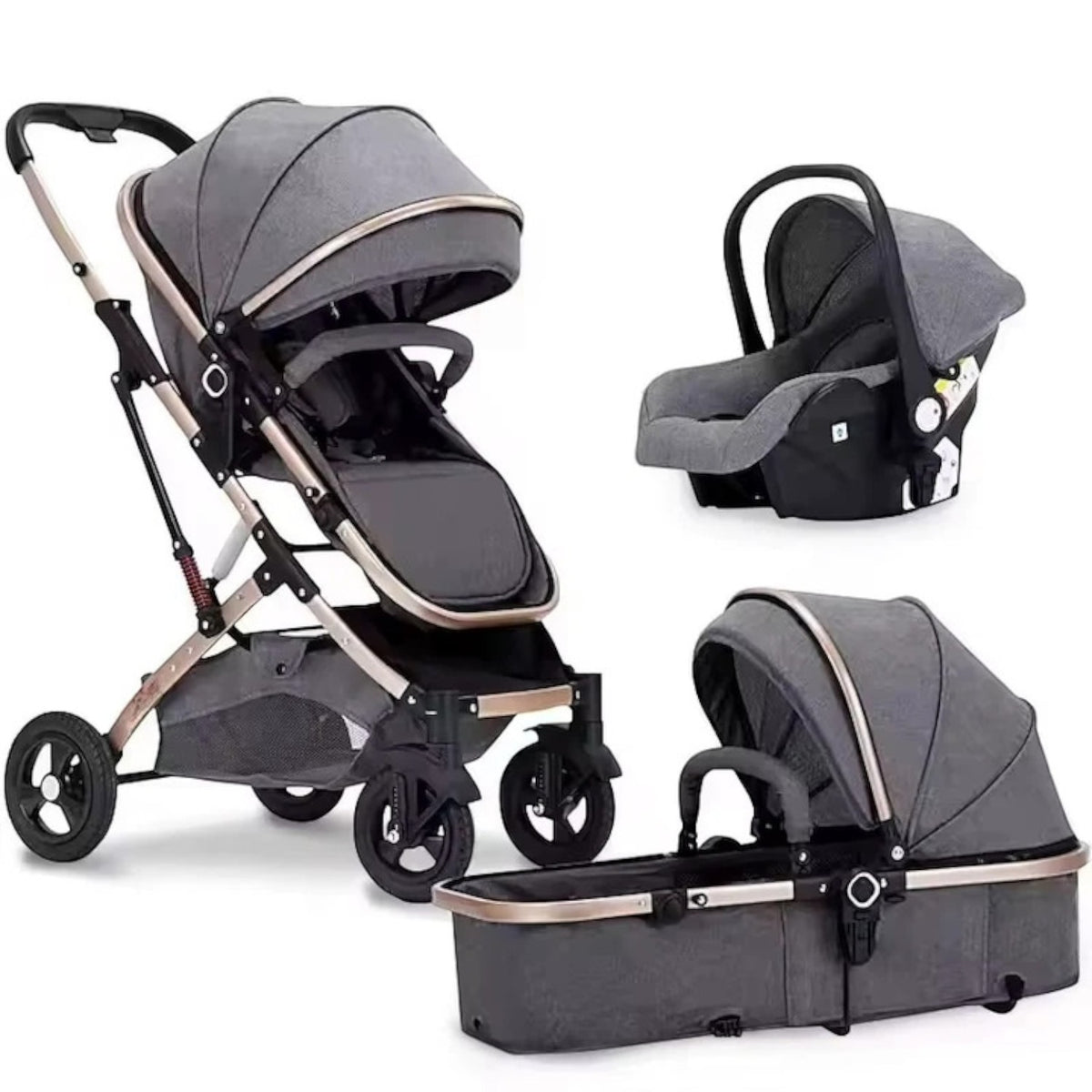 Carucior 3 in 1 Multifunctional, cu suspensii, Pliabil, Landou, Scaun Auto si Carucior Sport, 0-36 luni, 25 kg, roti cauciuc, cos depozitare