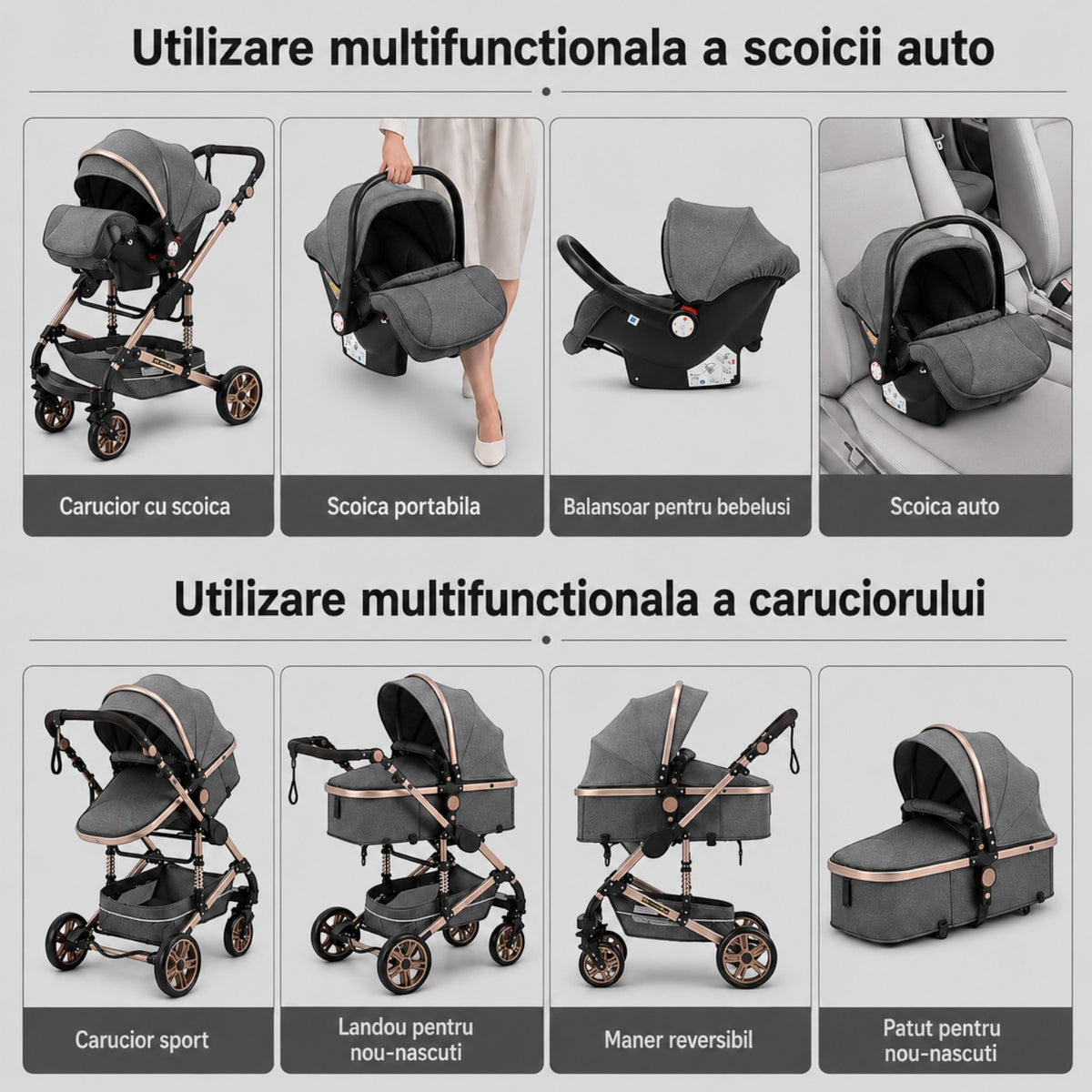 Carucior 3 in 1 Multifunctional, cu suspensii, Pliabil, Landou, Scaun Auto si Carucior Sport, 0-36 luni, 25 kg, roti cauciuc, cos depozitare