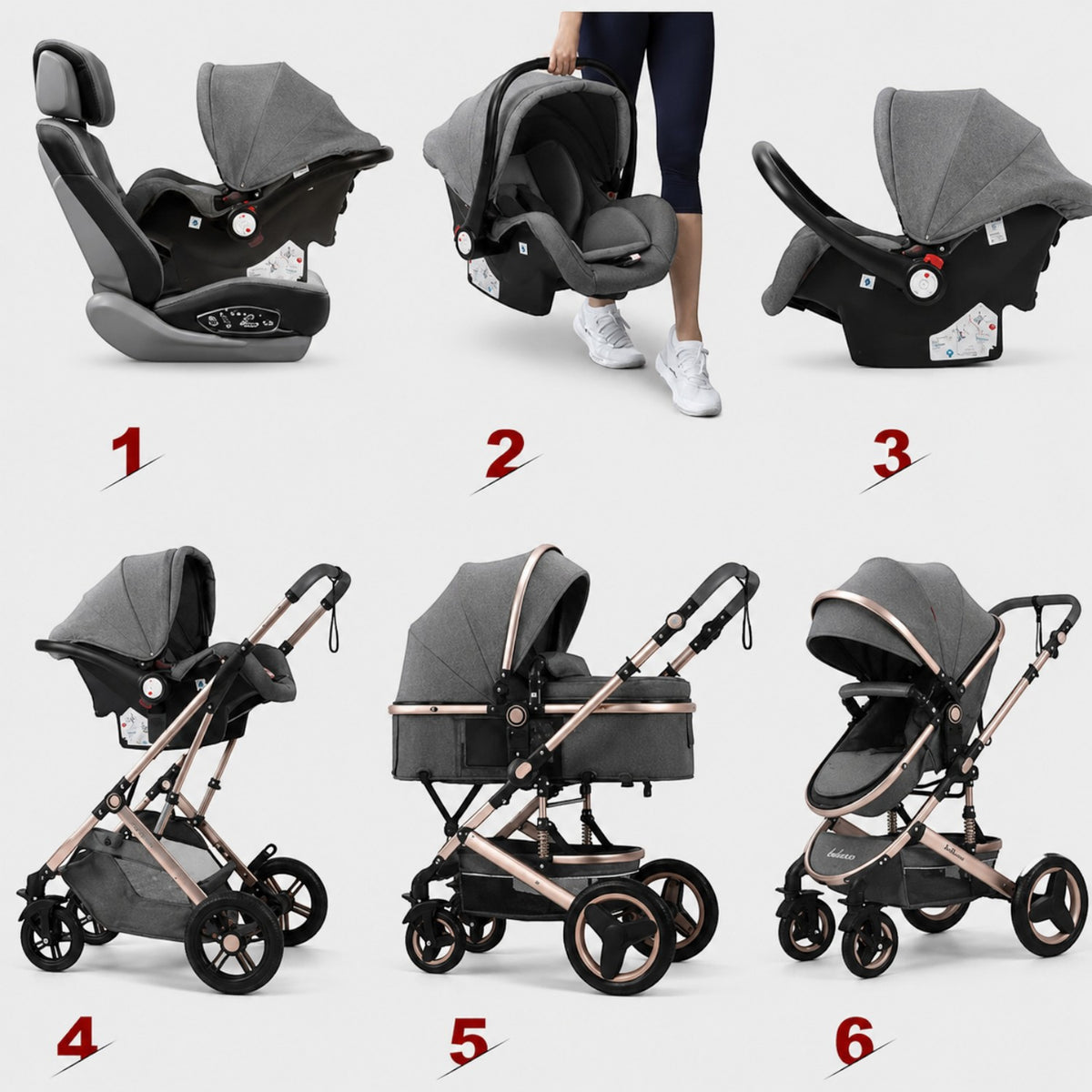 Carucior 3 in 1 Multifunctional, cu suspensii, Pliabil, Landou, Scaun Auto si Carucior Sport, 0-36 luni, 25 kg, roti cauciuc, cos depozitare