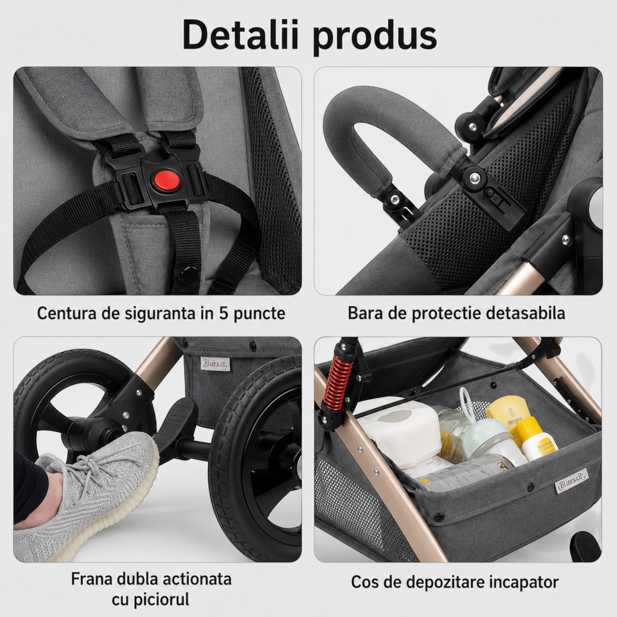 Carucior 3 in 1 Multifunctional, cu suspensii, Pliabil, Landou, Scaun Auto si Carucior Sport, 0-36 luni, 25 kg, roti cauciuc, cos depozitare
