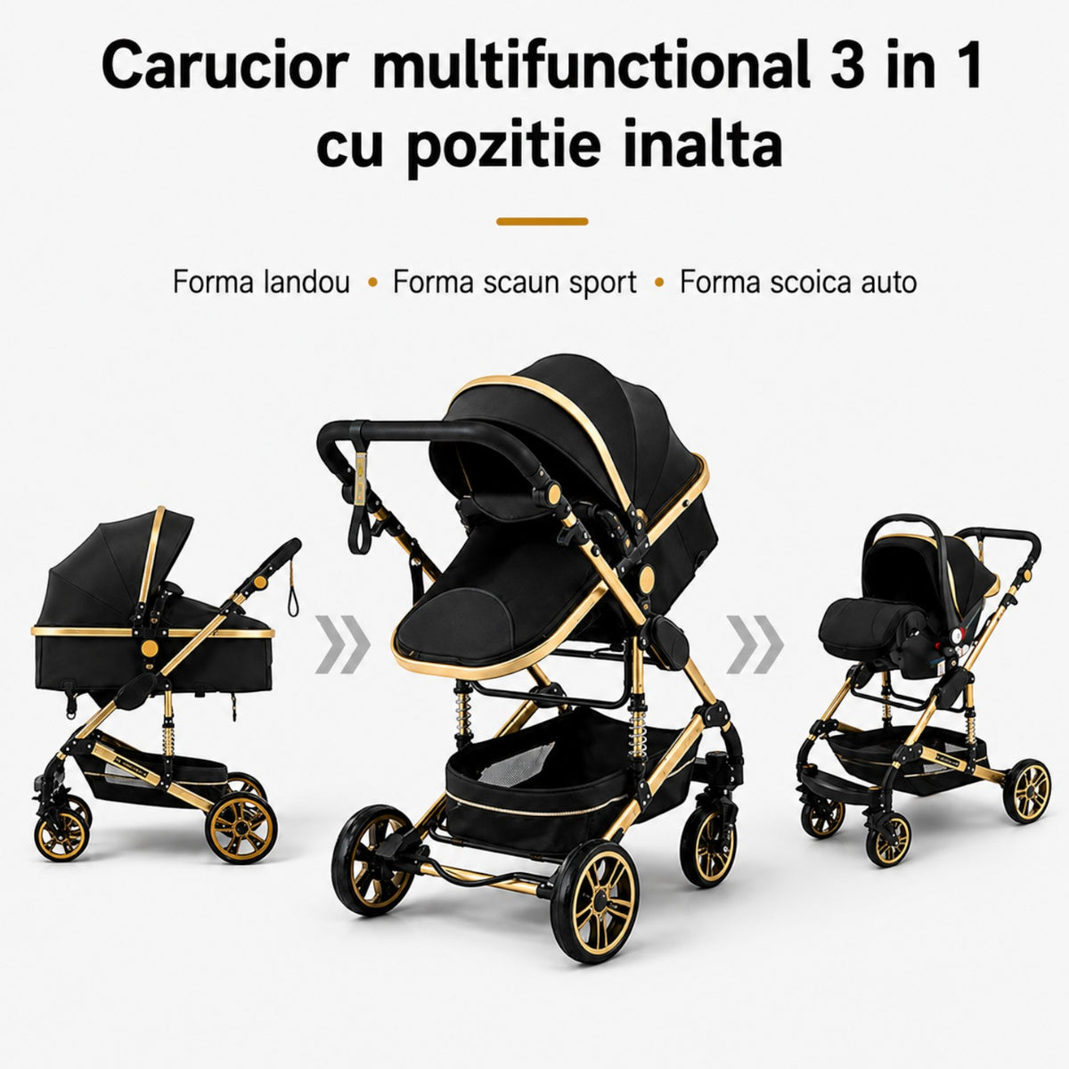 Carucior 3 in 1 Multifunctional, cu suspensii, Pliabil, Landou, Scaun Auto si Carucior Sport, 0-36 luni, 25 kg, roti cauciuc, cos depozitare
