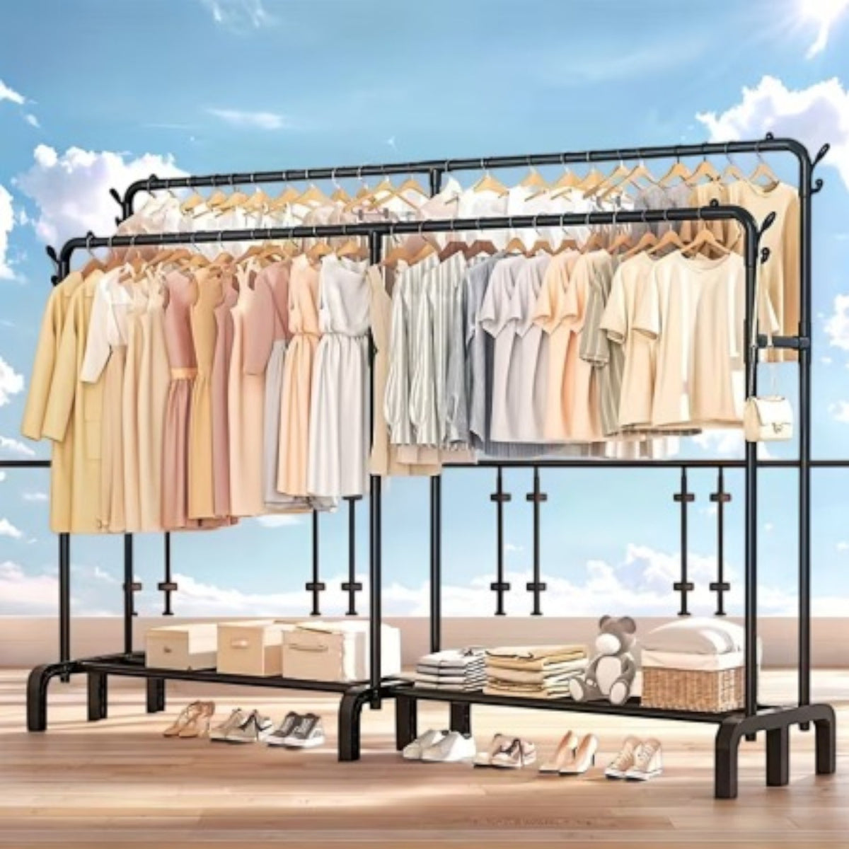 Suport haine dublu metalic 190x159x40 cm, organizator umerase si suport pantofi, negru