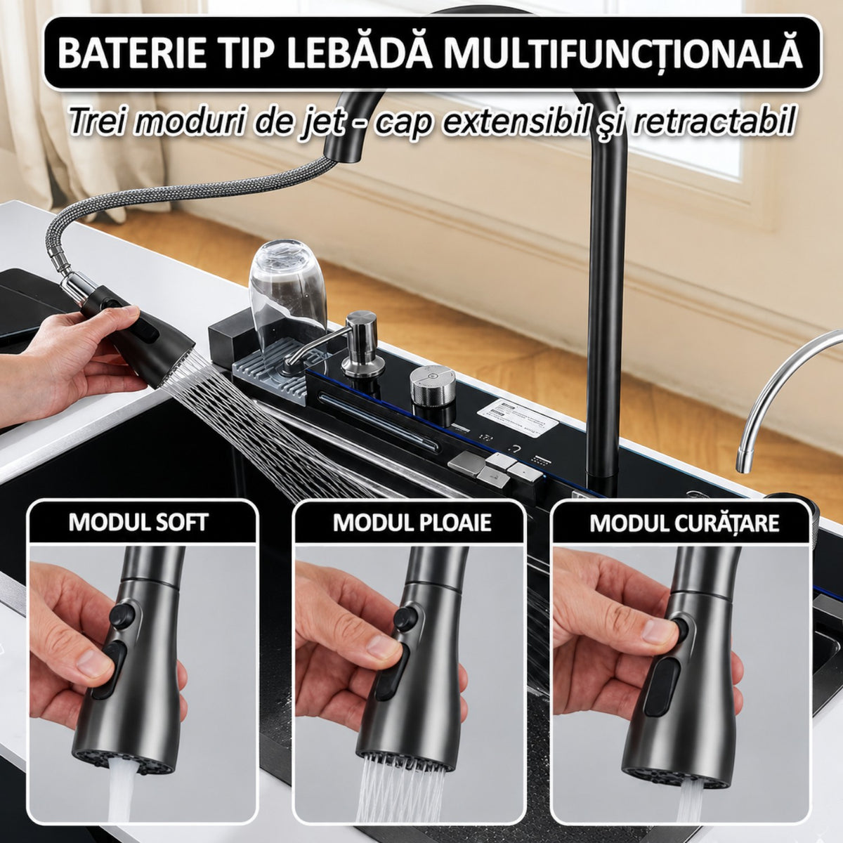 Chiuveta multifunctionala cu 2 cascade, afisaj digital, accesorii incluse, 750x460 mm, negru grafit