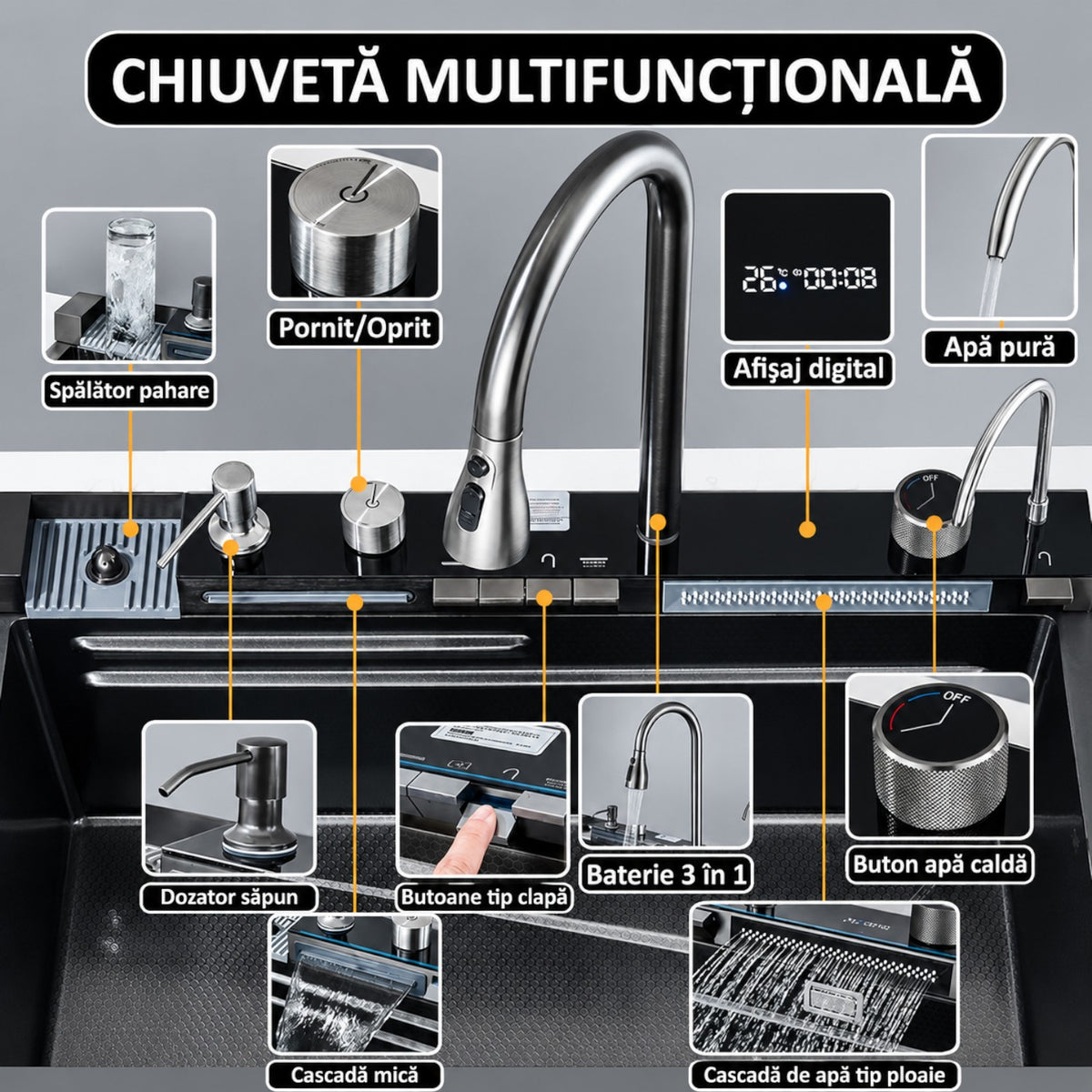 Chiuveta multifunctionala cu 2 cascade, afisaj digital, accesorii incluse, 750x460 mm, negru grafit