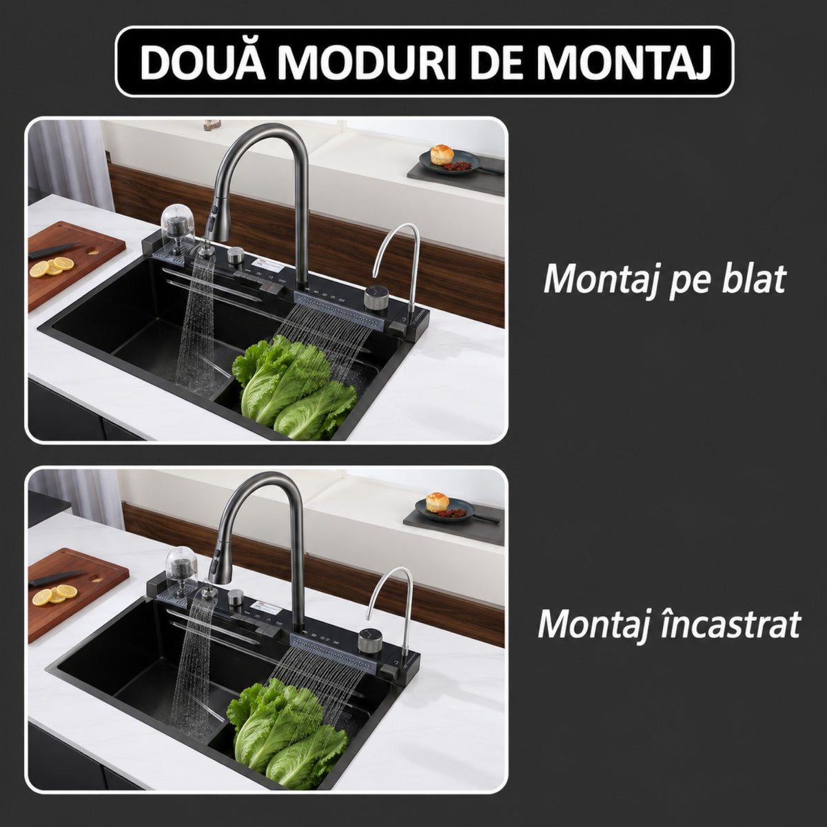 Chiuveta multifunctionala cu 2 cascade, afisaj digital, accesorii incluse, 750x460 mm, negru grafit