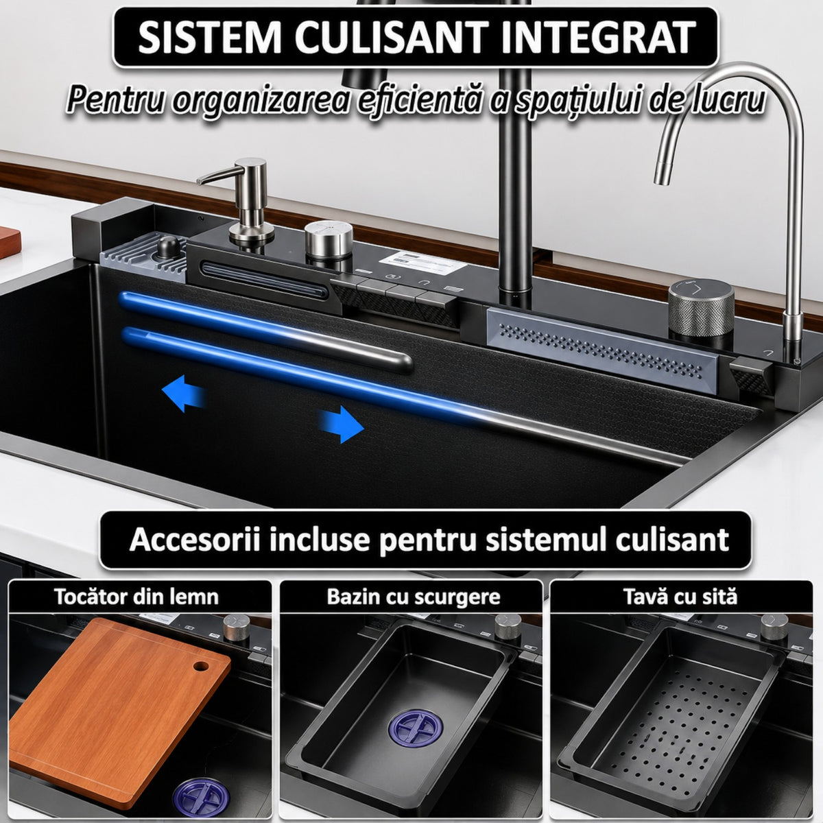 Chiuveta multifunctionala cu 2 cascade, afisaj digital, accesorii incluse, 750x460 mm, negru grafit