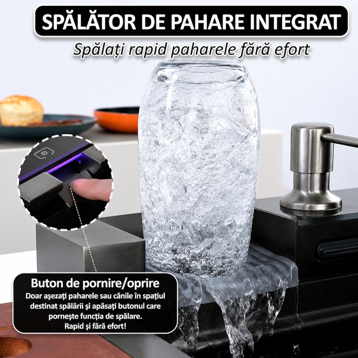 Chiuveta multifunctionala cu 2 cascade, afisaj digital, accesorii incluse, 750x460 mm, negru grafit