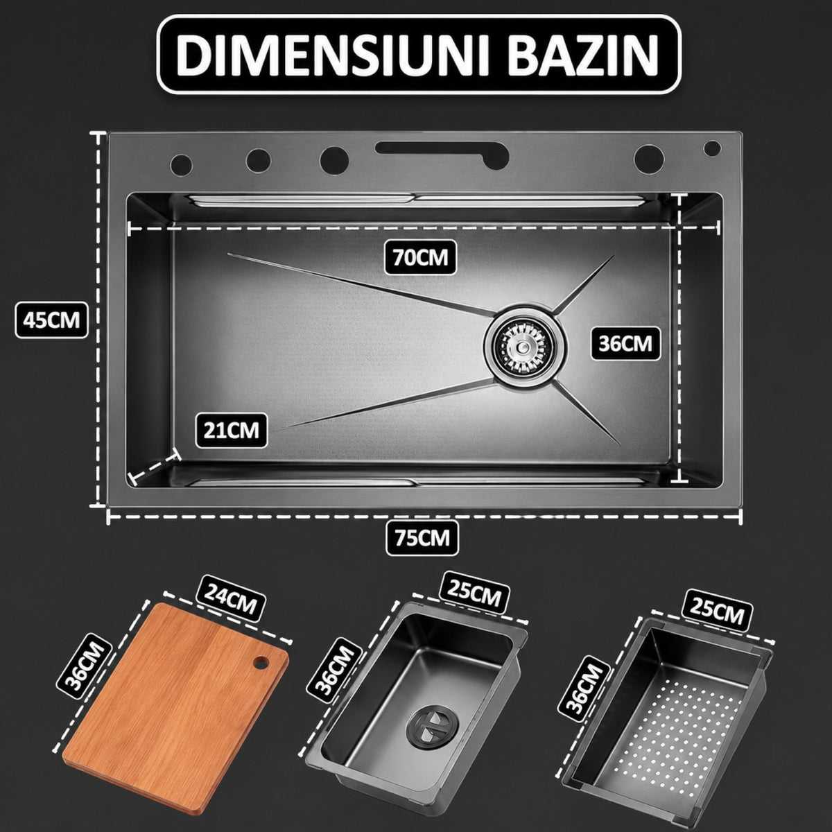 Chiuveta multifunctionala cu 2 cascade, afisaj digital, accesorii incluse, 750x460 mm, negru grafit