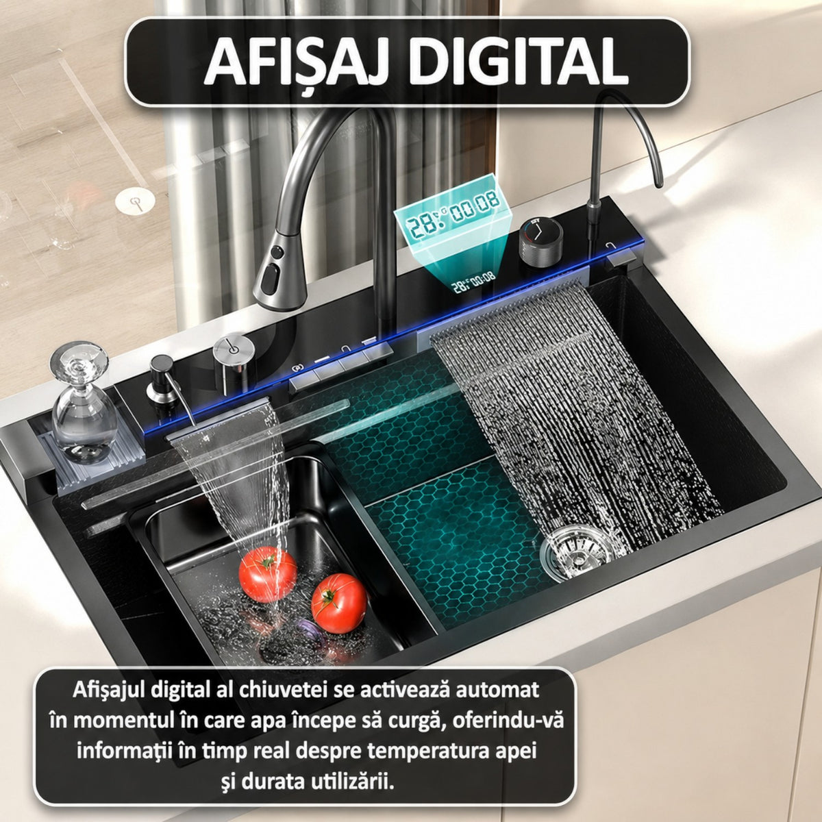 Chiuveta multifunctionala cu 2 cascade, afisaj digital, accesorii incluse, 750x460 mm, negru grafit