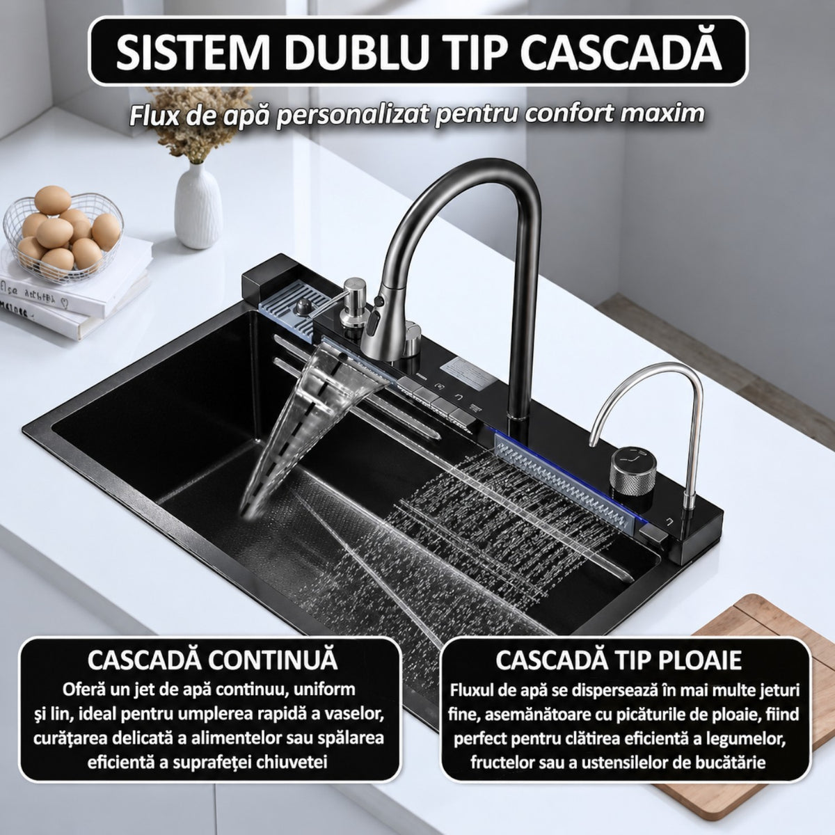 Chiuveta multifunctionala cu 2 cascade, afisaj digital, accesorii incluse, 750x460 mm, negru grafit