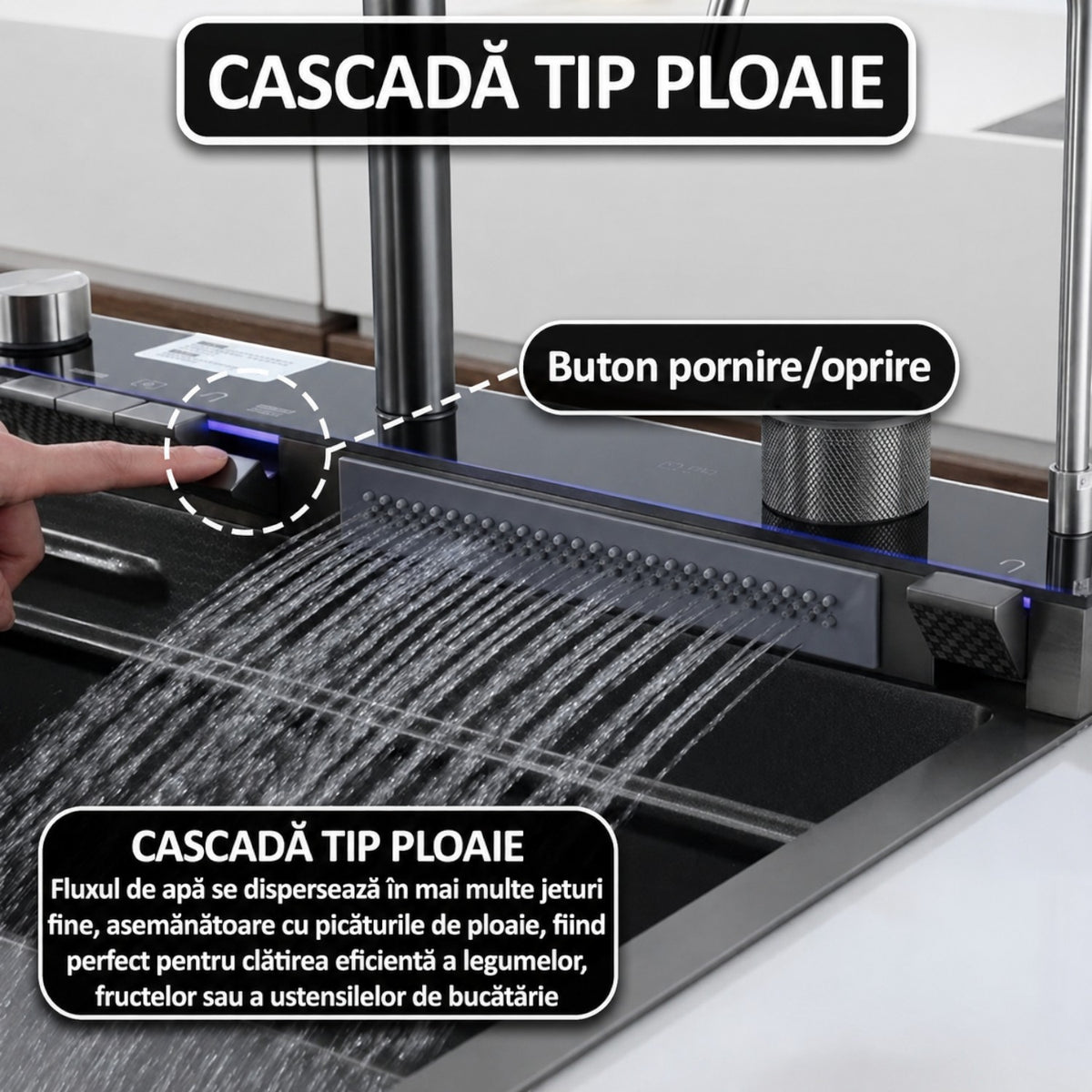 Chiuveta multifunctionala cu 2 cascade, afisaj digital, accesorii incluse, 750x460 mm, negru grafit