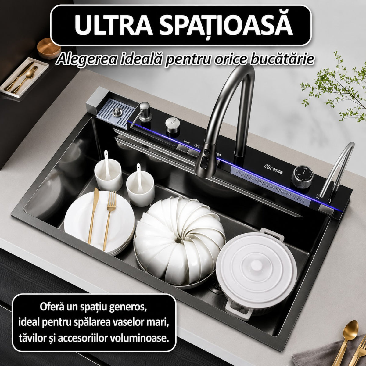 Chiuveta multifunctionala cu 2 cascade, afisaj digital, accesorii incluse, 750x460 mm, negru grafit
