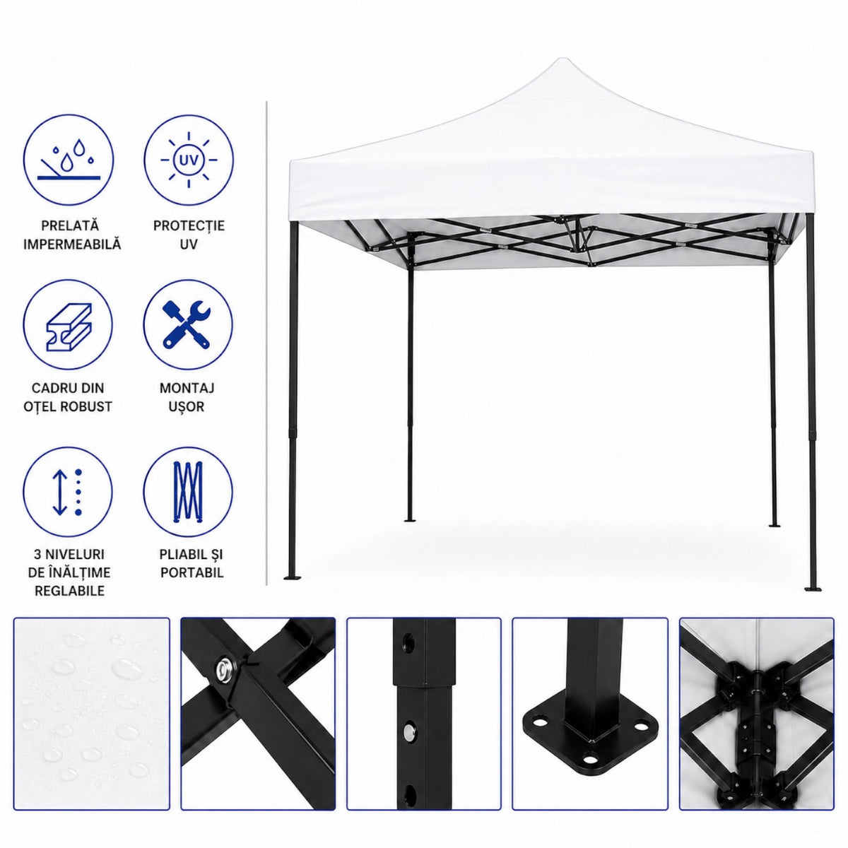 Cort pavilion 3x3m pliabil, cadru metalic, panza impermeabila