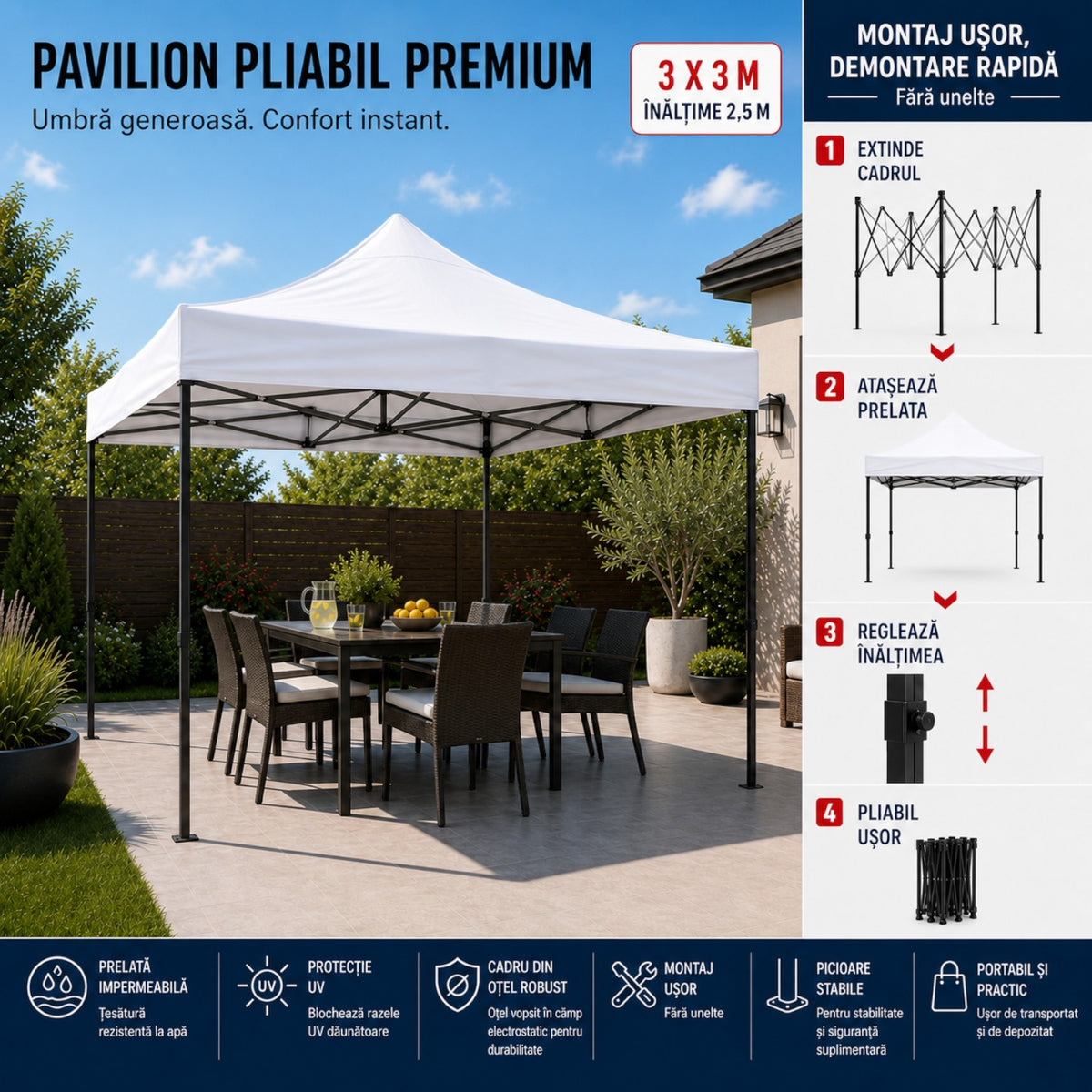 Cort pavilion 3x3m pliabil, cadru metalic, panza impermeabila