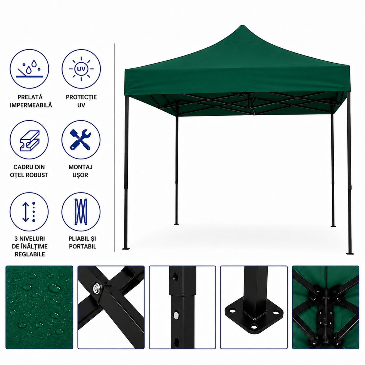 Cort pavilion 3x3m pliabil, cadru metalic, panza impermeabila
