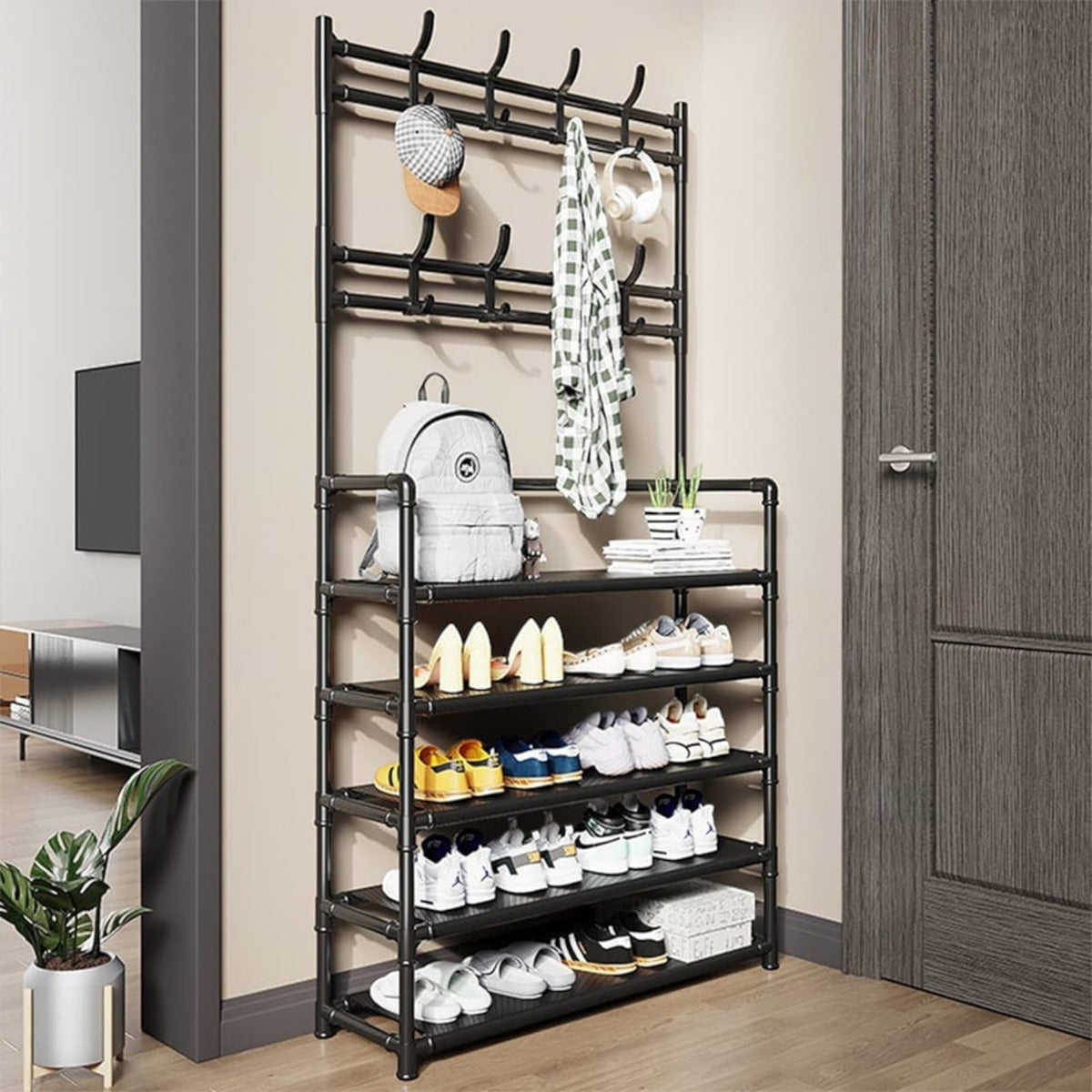 Cuier haine cu suport pantofi, 165x80x26 cm, 5 rafturi