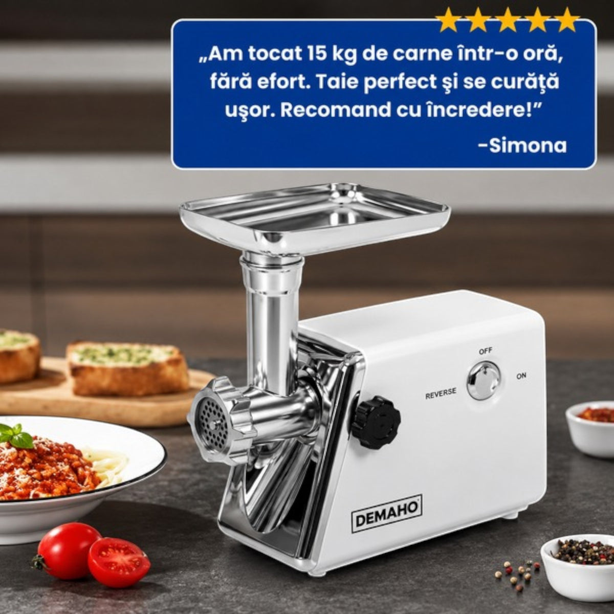 Masina de tocat carne electrica 3000 W – 120 kg/ora, 2 site inox, functie Reverse, componente detasabile
