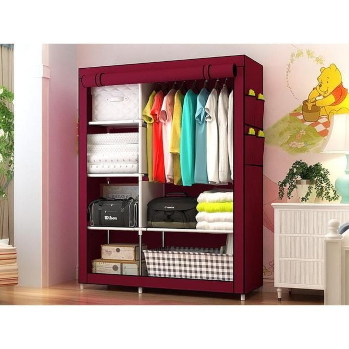 Dulap textil pliabil, 105x45x175 cm, cadru metalic, 4 rafturi, fermoar vertical