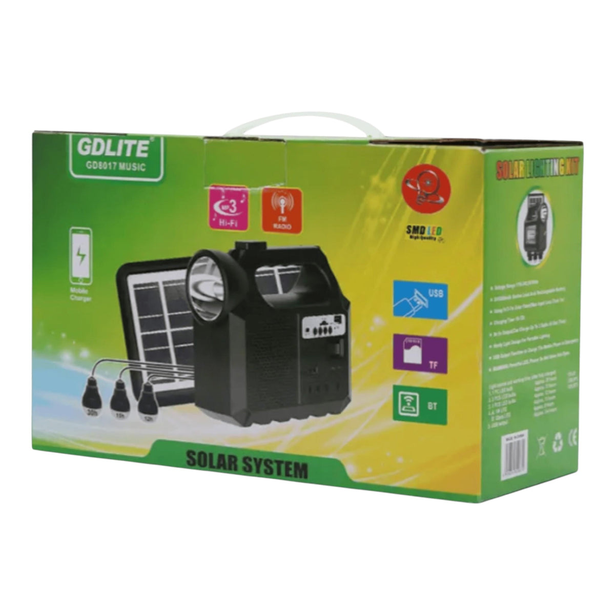 Kit solar portabil GD-8017M, Panou solar, Lanterna LED, 3 Becuri, Bluetooth, Radio FM, MP3, USB