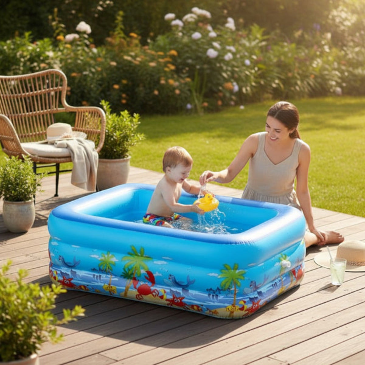 Piscina gonflabila pentru copii din PVC rezistent, 115x82x33 cm, 3 inele, design tropical, pentru terasa si curte