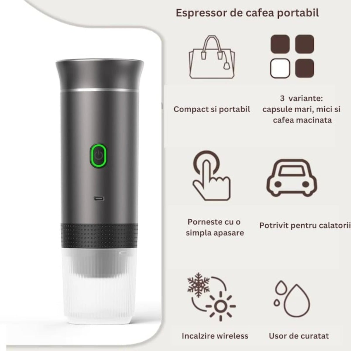 Espressor electric portabil, 72W, baterie 2500mAh, USB-C, 150ml, incalzire rapida