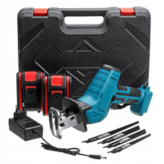 Fierastrau electric tip sabie, cu 2 acumulatori 48V 5000 mAh, 4 panze, valiza de transport, Albastru