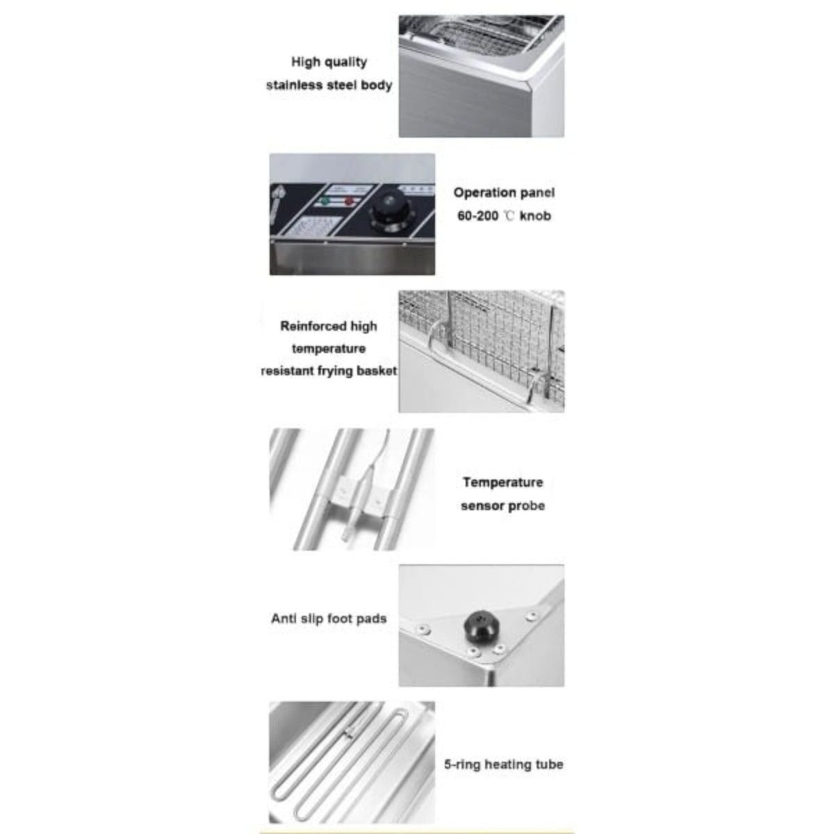 Friteuza electrica din inox 2500W, 6 litri, cos detasabil, termostat reglabil