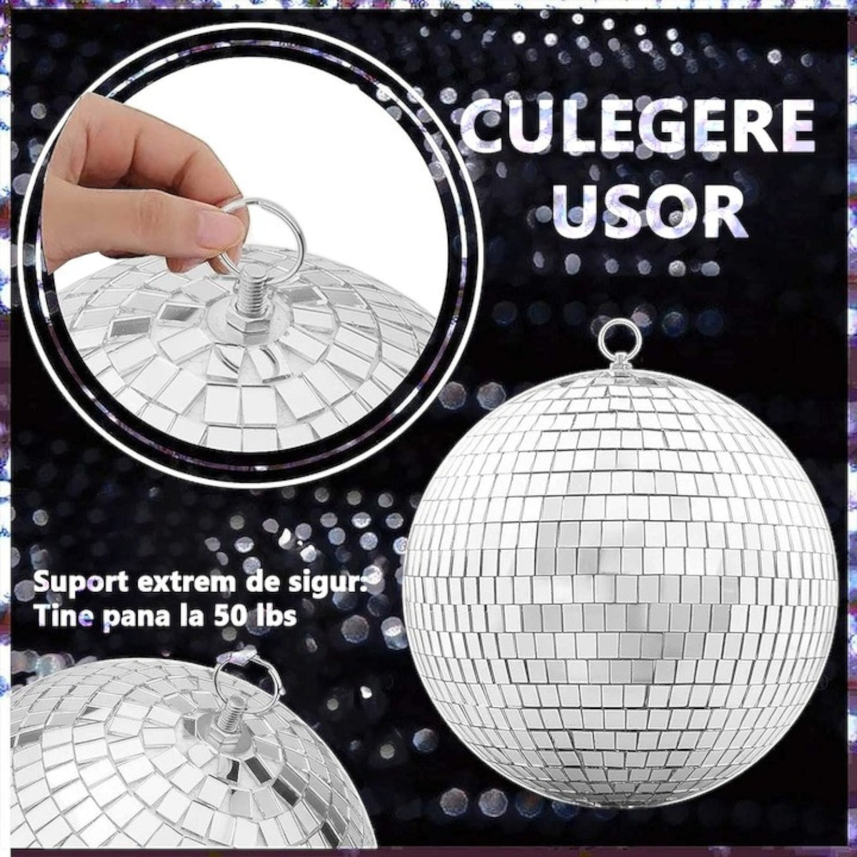 Glob Disco cu Aplicatii Oglinda, Diametru 40 cm, Reflectorizant, Cu Motoras, Sistem Agatare, Forma Sferica, Argintiu