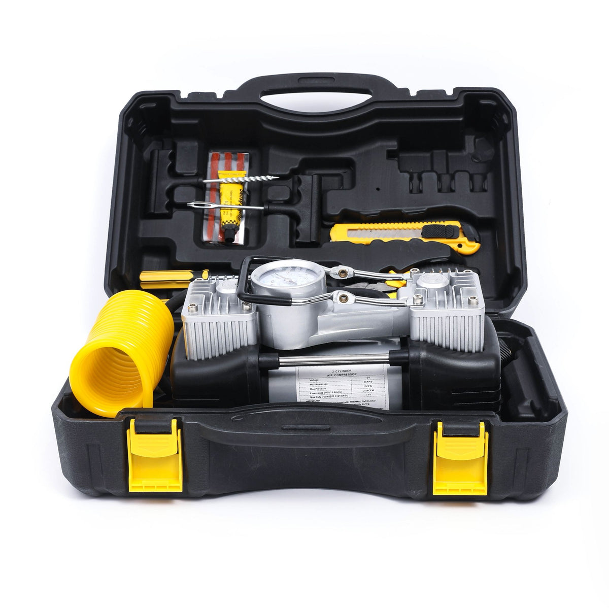 Kit pana auto complet, compresor 2 cilindri, 500W, 12V, debit 60 l/min, furtun 5m, metal, protectie suprasarcina