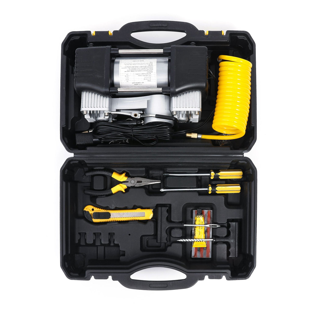 Kit pana auto complet, compresor 2 cilindri, 500W, 12V, debit 60 l/min, furtun 5m, metal, protectie suprasarcina