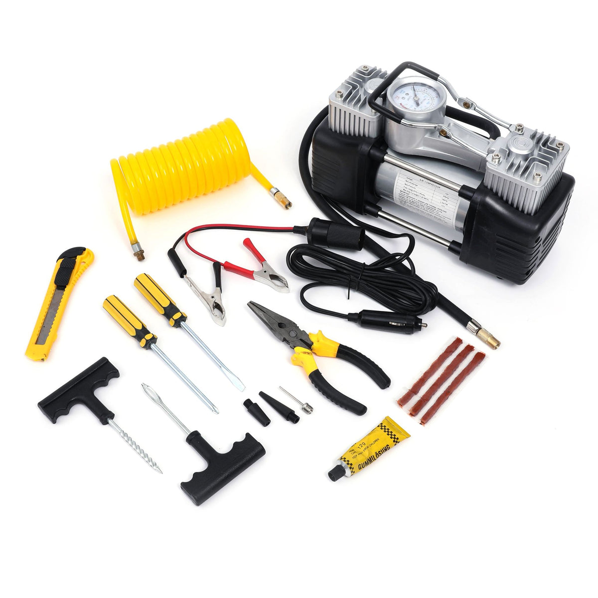 Kit pana auto complet, compresor 2 cilindri, 500W, 12V, debit 60 l/min, furtun 5m, metal, protectie suprasarcina