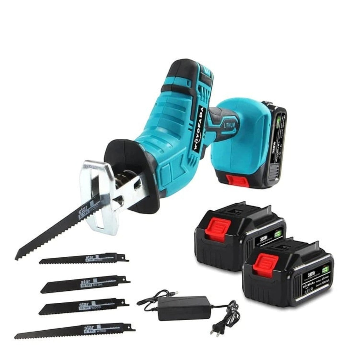 Mini fierastrau electric tip sabie, 2 acumulatori 48V 8000 mAh, 4 panze, valiza