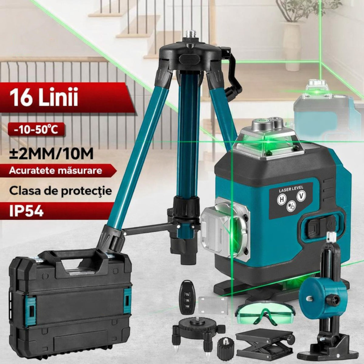 Nivela laser 4D, 16 linii, auto-nivelare, alimentare USB, 2 baterii, inaltime ajustabila 1.2 m
