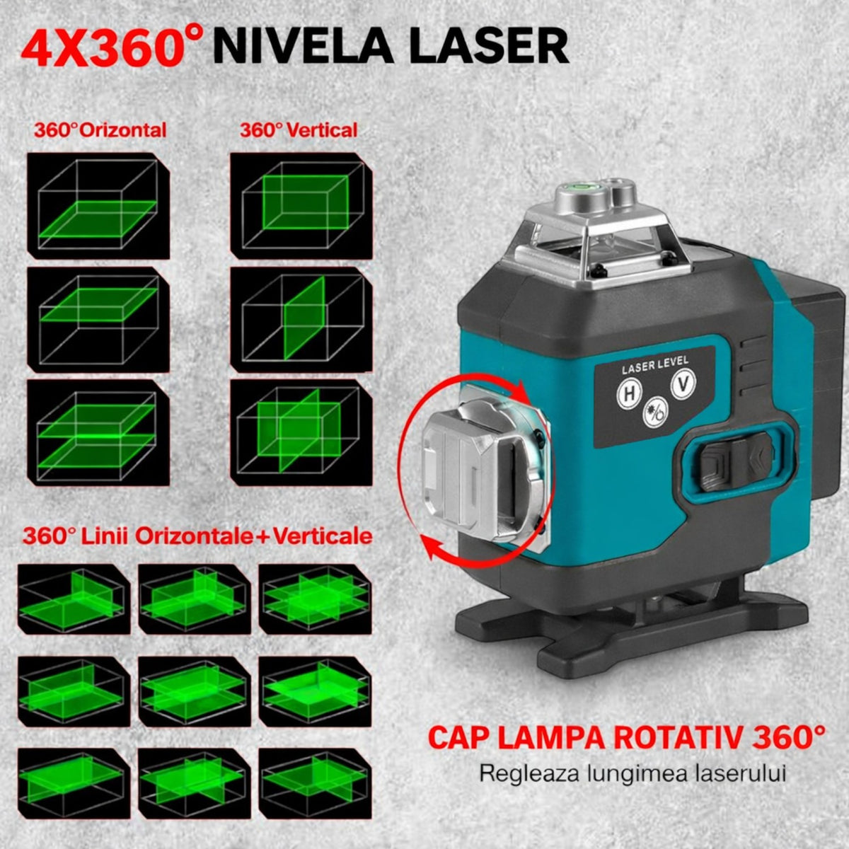 Nivela laser 4D, 16 linii, auto-nivelare, alimentare USB, 2 baterii, inaltime ajustabila 1.2 m