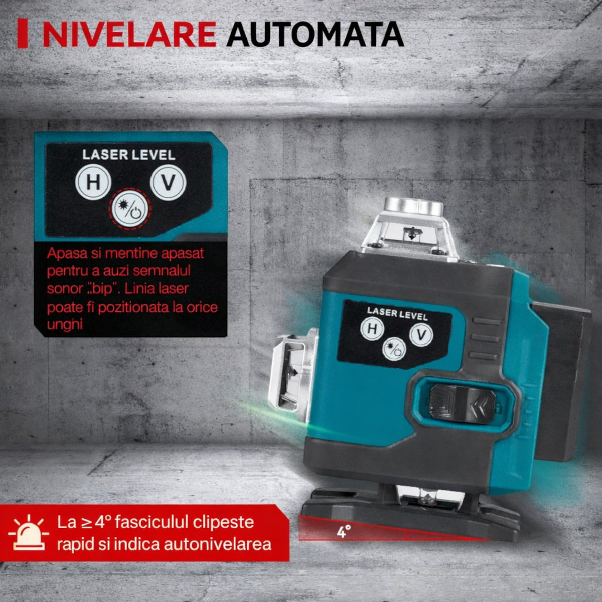 Nivela laser 4D, 16 linii, auto-nivelare, alimentare USB, 2 baterii, inaltime ajustabila 1.2 m