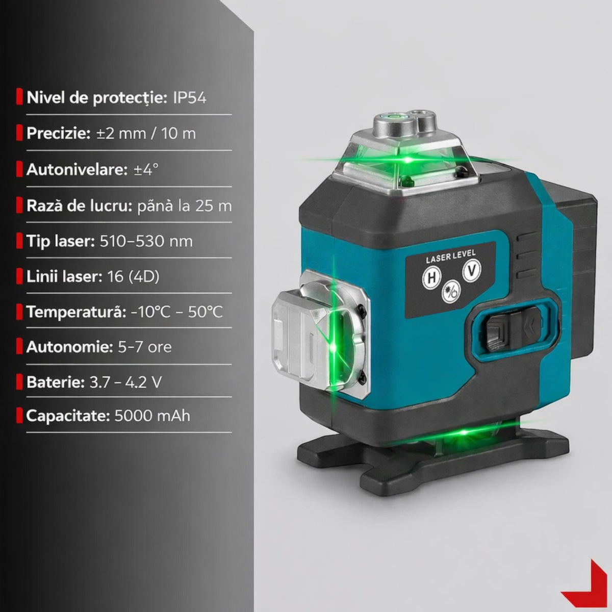 Nivela laser 4D, 16 linii, auto-nivelare, alimentare USB, 2 baterii, inaltime ajustabila 1.2 m