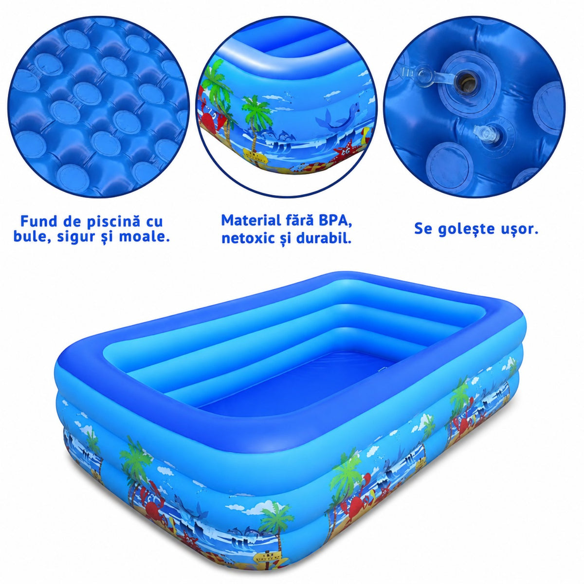 Piscina gonflabila familiala din PVC rezistent, 180x125x54 cm, 3 inele, design tropical, pentru curte si gradina