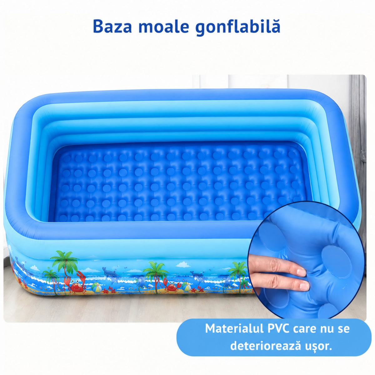 Piscina gonflabila familiala din PVC rezistent, 210x135x54 cm, 3 inele, design tropical, pentru curte si gradina
