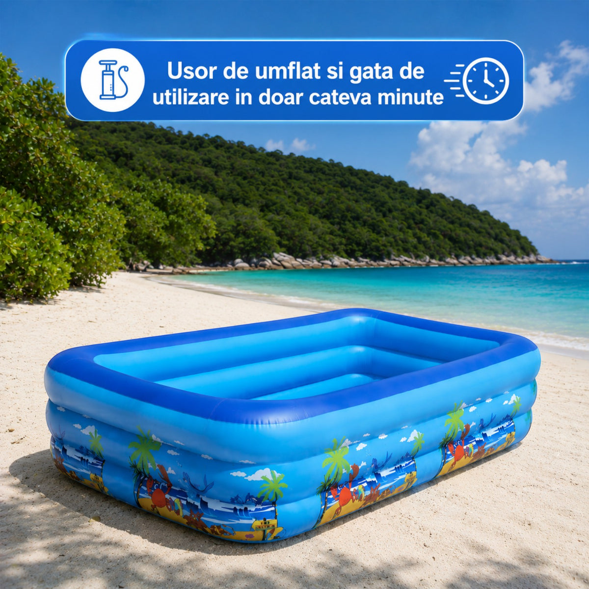 Piscina gonflabila familiala din PVC rezistent, 210x135x54 cm, 3 inele, design tropical, pentru curte si gradina