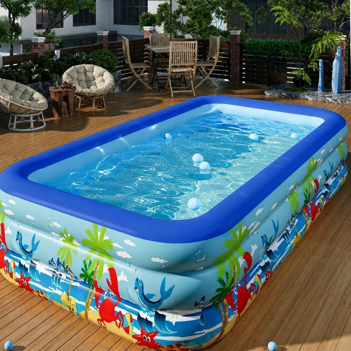 Piscina gonflabila familiala din PVC rezistent, 260x165x54 cm, 3 inele, design tropical, pentru curte si gradina